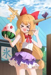 Rule 34 | &gt; &lt;, 1girl, bare shoulders, blue skirt, blush, bow, bowl, bowtie, contrapposto, cowboy shot, flat chest, hair bow, happy, highres, holding, holding bowl, holding spoon, horns, ibuki suika, long hair, looking at viewer, miniskirt, oeyama, oni horns, orange hair, panties, pantyshot, petite, red bow, red bowtie, skirt, smile, solo, sparkle, spoon, touhou, underwear, very long hair
