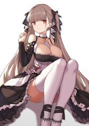 Rule 34 | 1girl, absurdres, azur lane, bare shoulders, between breasts, black bow, black dress, blunt bangs, bow, breasts, brown hair, cleavage, closed mouth, convenient leg, corset, detached collar, dress, duan zhu, feet out of frame, formidable (azur lane), frilled dress, frills, hair bow, hand up, highres, knees up, large breasts, long hair, long sleeves, looking at viewer, red eyes, simple background, sitting, solo, thighhighs, twintails, very long hair, white background, white thighhighs