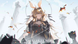 Rule 34 | 1girl, animal ears, arknights, black dress, blonde hair, breasts, chess piece, chinese commentary, cleavage, commentary request, dorothy (arknights), dorothy (hand of destiny) (arknights), dress, fire, from behind, from below, grey sky, hand up, headdress, highres, jewelry, knight (chess), long hair, looking at viewer, looking down, medium breasts, mouse ears, mouse girl, nanxianyiduan, necklace, outdoors, pawn (chess), pearl necklace, pillar, rook (chess), ruins, sky, solo, upper body, veil, weibo watermark, yellow eyes