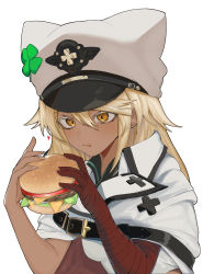 Rule 34 | 1girl, :p, absurdres, bandaged arm, bandaged hand, bandages, blonde hair, blush, breasts, burger, clover, dark-skinned female, dark skin, food, guilty gear, guilty gear strive, hair between eyes, hat, heart, highres, holding, holding food, long hair, medium breasts, orange eyes, ramlethal valentine, ran (bearsoymilk), simple background, solo, tongue, tongue out, upper body, white background, white hat
