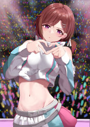 Rule 34 | 1girl, :o, a10 (avxv8374), absurdres, blush, brown hair, clothing cutout, cropped shirt, glowstick, groin, hair ornament, hairpin, heart, heart hands, highres, higuchi madoka, idol, idolmaster, idolmaster shiny colors, long sleeves, looking at viewer, midriff, mole, mole under eye, multicolored clothes, multicolored skirt, red eyes, shoulder cutout, side ponytail, skirt, solo, stomach, thighhighs