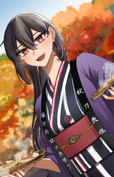 Rule 34 | 1girl, alternate costume, autumn leaves, black hair, clothes writing, dutch angle, hair between eyes, happi, highres, japanese clothes, kantai collection, kimono, long hair, machi (ritovoyage), nagato (kancolle), obi, open mouth, red eyes, sash, smile, solo, striped clothes, striped kimono, teeth, tree, upper body, upper teeth only