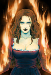 Rule 34 | 1girl, breasts, brown hair, cleavage, dress, eve (parasite eve), fire, large breasts, long hair, lowres, melissa pearce, parasite eve, solo, sonou