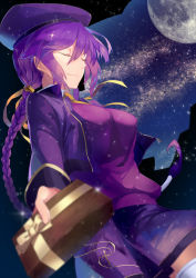 Rule 34 | 00s, 1girl, alternate costume, bad id, bad pixiv id, beret, box, braid, breasts, cropped jacket, eltnum, eyelashes, full moon, gift, gift box, hair ribbon, hat, highres, incoming gift, large breasts, long hair, low-tied long hair, melty blood, moon, purple hair, ribbon, single braid, sion eltnam atlasia, sky, smile, solo, star (sky), starry sky, sweater, thighhighs, tsukihime, under night in-birth, valentine, very long hair, white thighhighs, yusano, zettai ryouiki