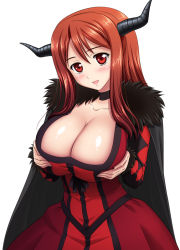 Rule 34 | 10s, 1girl, breasts, brown eyes, cape, choker, cleavage, dress, horns, kishi nisen, large breasts, long hair, looking at viewer, maou (maoyuu), maoyuu maou yuusha, red eyes, simple background, smile, solo, white background