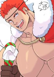 Rule 34 | 1boy, bara, bare pectorals, cape, fur-trimmed cape, fur trim, gift bag, harada (basashi), heterochromia, large pectorals, long sideburns, looking at viewer, male focus, muscular, muscular male, official alternate costume, pectorals, pollux (housamo), portrait, red cape, red hair, santa costume, short hair, sideburns, smile, solo, tokyo houkago summoners