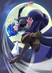 Rule 34 | 1girl, ahoge, ass, ass focus, black dress, black keys (type-moon), blue eyes, blue hair, boots, breasts, brown footwear, ciel (tsukihime), closed mouth, commentary, cross, cross necklace, dress, fujiki928, habit, highres, jewelry, latin cross, looking at viewer, medium breasts, moon, necklace, nun, short hair, solo, tsukihime, tsukihime (remake), weapon