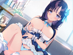 Rule 34 | 1girl, ahoge, aqua panties, areola slip, bare shoulders, black hair, blue bow, blue bowtie, blue eyes, blue panties, blush, book, bow, bow panties, bowtie, breasts, cleavage, cleavage cutout, clothes pull, clothing cutout, colored inner hair, couch, dress, dress pull, fingernails, frills, hair bow, hair ribbon, highres, indoors, kat (bu-kunn), knee up, large breasts, long hair, looking at viewer, magazine (object), multicolored hair, nail polish, open mouth, original, panties, pink nails, pulled by self, purple hair, ribbon, short dress, sitting, smile, socks, solo, string panties, striped bow, striped bowtie, striped clothes, sunlight, underwear, white socks, window, wing collar