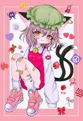 Rule 34 | 1girl, :3, animal ear fluff, animal ears, bandaid, bandaid on leg, bell, blush, brown eyes, brown hair, cat ears, cat tail, chen, commentary request, dress, earrings, emoji, fang, full body, hair between eyes, hat, heart, highres, jewelry, jingle bell, knees up, looking at viewer, mob cap, multiple tails, nekomata, red dress, renakobonb, short hair, simple background, single earring, sleeves past fingers, sleeves past wrists, slit pupils, solo, tail, touhou, two tails