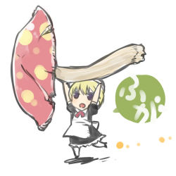 Rule 34 | 00s, 1girl, apron, arms up, blonde hair, bow, bowtie, chibi, flandre (kaibutsu oujo), full body, kaibutsu oujo, lowkick love association, medori, mini person, minigirl, mushroom, red bow, red bowtie, red eyes, running, short hair, simple background, solo, white background