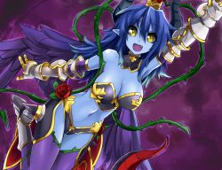 Rule 34 | 1girl, :d, arm up, armor, asmodeus (shinrabanshou), blue hair, blue skin, breasts, cleavage, colored skin, fang, flower, gauntlets, hat, horns, large breasts, long hair, low wings, navel, open mouth, plant, pointy ears, purple thighhighs, rose, shinrabanshou, smile, solo, thighhighs, vines, wings, yellow eyes, yoshizawa tsubaki