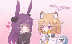 Rule 34 | + +, 2girls, :t, animal ears, arknights, black bow, black jacket, blush, bow, brown hair, cake, cake slice, closed mouth, commentary, dated, eating, english commentary, food, fork, grey eyes, grey shirt, hair between eyes, hair bow, hair ornament, hairclip, halftone, halftone background, hands on own cheeks, hands on own face, hands up, happy birthday, heart, holding, holding fork, holding plate, holding with tail, jacket, kurotofu, long sleeves, multiple girls, open clothes, open jacket, outline, pastry box, plate, prehensile tail, puffy long sleeves, puffy sleeves, purple eyes, purple hair, rabbit ears, rope (arknights), shirt, short eyebrows, tail, thick eyebrows, utage (arknights), wavy mouth, white jacket, white outline, x hair ornament