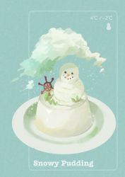 Rule 34 | . ., absurdres, black eyes, blue background, cloud, english text, food, food focus, highres, no humans, original, plate, pudding, ship&#039;s wheel, simple background, snow, snowing, snowman, still life, temperature, uroko (rwde4544)