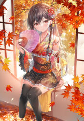 Rule 34 | 1girl, arm up, autumn, autumn leaves, black hair, black thighhighs, braid, bush, commentary request, crossed bangs, detached sleeves, floral print, flower, gradient kimono, hair flower, hair ornament, hand fan, highres, holding, holding fan, japanese clothes, kimono, leaf, long hair, miwabe sakura, original, paper fan, red eyes, sitting, solo, thighhighs, water, wide sleeves, window, zettai ryouiki