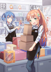 Rule 34 | 2girls, :d, ahoge, alternate hairstyle, amiami (company), amico, apron, black apron, blue eyes, blue hair, blush, box, cardboard box, character name, closed mouth, clothes writing, collared shirt, copyright name, denim, dress shirt, drill hair, figure, green eyes, hair ornament, hair ribbon, highres, holding, holding box, indoors, lilco, long hair, long sleeves, looking at viewer, multiple girls, name tag, official art, open mouth, ponytail, ribbon, shirt, shop, sidelocks, sleeves pushed up, smile, standing, twin drills, twintails, white shirt, wing collar, yumekui