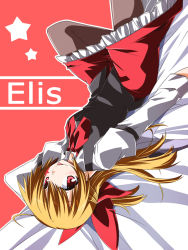 Rule 34 | 1girl, :p, armband, ascot, blonde hair, bow, character name, dress shirt, elis (touhou), facial mark, female focus, hair bow, hemogurobin a1c, knee up, long sleeves, looking at viewer, lying, on back, on bed, pantyhose, pointy ears, ponytail, red background, red eyes, shirt, short hair, skirt, solo, star (symbol), tongue, tongue out, touhou, touhou (pc-98), upside-down, vest