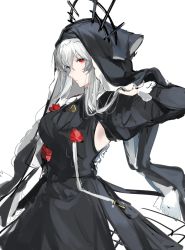 Rule 34 | 1girl, absurdres, arknights, black dress, black hat, black sleeves, commentary request, detached sleeves, dress, flower, grey hair, hair between eyes, hand up, hat, hat ornament, highres, joshua (shisanli934), long hair, looking at viewer, official alternate costume, red eyes, red flower, simple background, sketch, solo, specter (arknights), specter the unchained (arknights), white background