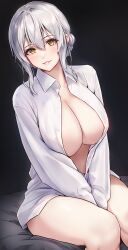 Rule 34 | 1girl, between legs, black background, blush, braid, breasts, collared shirt, commentary request, dress shirt, hair between eyes, hand between legs, highres, huge breasts, long sleeves, looking at viewer, naked shirt, on bed, open clothes, open shirt, original, paid reward available, shirt, simple background, sitting, solo, toriatto gununu, unbuttoned, white hair, yellow eyes