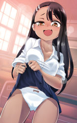 Rule 34 | 1girl, absurdres, asymmetrical bangs, backlighting, bad id, bad pixiv id, black hair, blue skirt, blurry, blurry background, blush, bow, bow panties, brown eyes, chalkboard, classroom, clothes lift, commentary request, cowboy shot, dark-skinned female, dark skin, depth of field, desk, dutch angle, earrings, fangs, hair ornament, hairclip, half-closed eye, highres, ijiranaide nagatoro-san, indoors, jewelry, korean commentary, lens flare, lifting own clothes, long hair, looking at viewer, miniskirt, nagatoro hayase, note2000, open mouth, panties, pleated skirt, school desk, school uniform, skirt, skirt lift, smirk, solo, standing, underwear, white panties, window