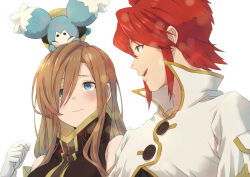 Rule 34 | 1boy, 1girl, bare shoulders, blue eyes, blush, breasts, brown dress, brown hair, buttons, closed mouth, creature, detached sleeves, dress, gloves, green eyes, hair behind ear, hair over one eye, hand up, high collar, jacket, large breasts, long hair, looking at another, looking up, luke fon fabre, mieu (tales), mifuta, official alternate hair length, official alternate hairstyle, open mouth, profile, red eyes, short hair, sidelocks, sleeveless, sleeveless dress, swept bangs, tales of (series), tales of the abyss, tear grants, teeth, upper body, upper teeth only, white background, white gloves, white jacket