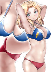 Rule 34 | 10s, 1girl, armpits, arms up, bad id, bad pixiv id, bikini, blonde hair, blue bikini, blue eyes, breasts, cleavage, girls und panzer, highres, kay (girls und panzer), large breasts, lightning, long hair, looking at viewer, mismatched bikini, multiple views, red bikini, sikijou77o, simple background, smile, swimsuit, white background, zoom layer
