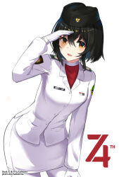 Rule 34 | 1girl, artist name, bent over, black hair, black hat, blazer, bob cut, brown eyes, character name, commentary, cowboy shot, gloves, hair between eyes, hand on own thigh, hat, highres, indonesia, indonesian clothes, indonesian flag, jacket, linzere, long sleeves, looking at viewer, military, military uniform, name tag, original, pantyhose, patch, pencil skirt, shadow, short hair, shoulder patch, silvia dewi, simple background, skirt, solo, songkok, standing, uniform, watermark, white background, white gloves, white jacket, white pantyhose, white skirt