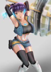 Rule 34 | 1girl, absurdres, armpits, chest jewel, elbow gloves, fiery hair, gloves, glowing lines, hammer, highres, leggings, presenting armpit, sena (xenoblade), short shorts, shorts, shoulder strap, solo, sports bra, thighhighs, wtxj8322, xenoblade chronicles (series), xenoblade chronicles 3