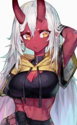 Rule 34 | 1girl, absurdres, akumi (yoclesh), breasts, cleavage, cleavage cutout, clothing cutout, colored skin, crop top, cropped hoodie, hair between eyes, hand in own hair, highres, hood, hoodie, horns, jin grey paladin, leaning to the side, long hair, looking away, medium breasts, midriff, navel, non-web source, oni horns, red skin, scar, short eyebrows, short sleeves, sideways glance, solo, upper body, v-shaped eyebrows, very long hair, virtual youtuber, vyugen, white background, white hair, yellow hoodie