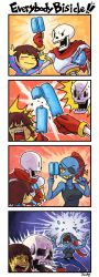 Rule 34 | 1boy, 1girl, 4koma, = =, androgynous, anger vein, art shift, artist name, blush, blush stickers, bone, brown hair, comic, eyepatch, fins, food, frisk (undertale), gloves, head fins, papyrus (undertale), ponytail, popsicle, red gloves, red hair, sachy (sachichy), scarf, sharp teeth, shirt, silent comic, skeleton, striped clothes, striped shirt, sweat, tank top, teeth, undertale, undyne, you&#039;re doing it wrong