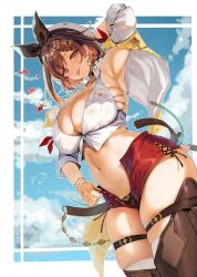Rule 34 | 1girl, :p, arm up, armpits, atelier (series), atelier ryza, atelier ryza 1, atelier ryza 3, belt, blue sky, blush, bracelet, brown belt, brown eyes, brown hair, brown thighhighs, commentary request, from below, hat, heart, highres, jewelry, looking at viewer, looking down, micro shorts, navel, necklace, obiwan, outdoors, red shorts, reisalin stout, short hair, shorts, signature, sky, smile, solo, thigh strap, thighhighs, thighs, tongue, tongue out, weisuoxin, white hat