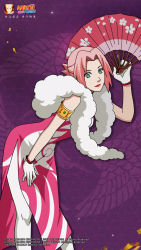 Rule 34 | 1girl, chinese clothes, dress, gloves, green eyes, hand fan, hand on own hip, haruno sakura, highres, leaning forward, lipstick, looking at viewer, makeup, naruto (series), naruto shippuuden, official art, pink dress, pink hair, sleeveless, sleeveless dress, smile, thighhighs