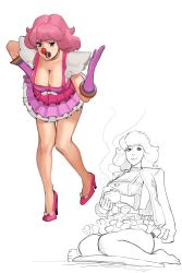 Rule 34 | 1girl, absurdres, ace attorney, bare legs, barefoot, breasts, choker, cleavage, clown, clown girl, clown nose, dress, drink, geiru toneido, gloves, high heels, highres, large breasts, leaning forward, legs, lipstick, looking at viewer, makeup, open mouth, pink dress, pink hair, pink heels, short hair, sitting, smile, tea, teeth