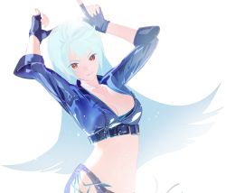Rule 34 | 1girl, alternate costume, angel (kof), belt, blue hair, breasts, cleavage, cofffee, fingerless gloves, gloves, jacket, kula diamond, leather, leather jacket, long hair, looking at viewer, midriff, purple eyes, simple background, small breasts, smile, snk heroines: tag team frenzy, solo, the king of fighters, white background, zipper
