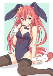 Rule 34 | 10s, 1girl, animal ears, black thighhighs, crescent, crescent hair ornament, detached collar, dress, fake animal ears, female focus, fishnet thighhighs, fishnets, grin, hair ornament, hand up, highleg, highleg leotard, kantai collection, leotard, long hair, looking at viewer, low-tied long hair, playboy bunny, rabbit ears, red dress, red eyes, shimouki izui, sitting, smile, solo, thighhighs, uzuki (kancolle), very long hair, wariza, wrist cuffs