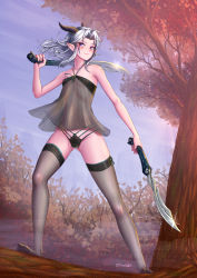 Rule 34 | 1girl, adsouto, artist name, black panties, blush, day, dual wielding, feet, female focus, highres, holding, horns, legs apart, lingerie, nightgown, no shoes, outdoors, panties, pointy ears, purple eyes, rayla (the dragon prince), see-through, silver hair, smile, solo, standing, sword, the dragon prince, thighhighs, toes, tree, underwear, weapon