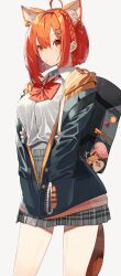 Rule 34 | 1girl, absurdres, ahoge, animal ears, bag, black jacket, bow, bowtie, braid, breasts, collared shirt, commentary request, ear piercing, earrings, grey background, grey skirt, hands in pockets, highres, jacket, jewelry, long sleeves, looking at viewer, medium breasts, mouth hold, nijisanji, orange eyes, piercing, plaid, plaid skirt, ratna petit, ratna petit (5th costume), red bow, red bowtie, red hair, red panda ears, red panda girl, red panda tail, senmu (senmudayo), shirt, short hair, simple background, skirt, solo, standing, star (symbol), star earrings, tail, thighs, virtual youtuber, white shirt