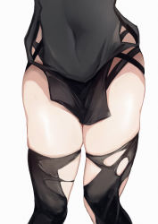 Rule 34 | 1girl, absurdres, arknights, black thighhighs, covered navel, fanshu, grey background, highres, huge filesize, lower body, simple background, solo, standing, thighhighs, thighs, tomimi (arknights), torn clothes, torn thighhighs