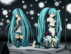 Rule 34 | 1girl, black background, black footwear, black gloves, black skirt, blue eyes, blue hair, blush, boots, breasts, bridal gauntlets, detached sleeves, dual persona, gloves, grey shirt, hand on own chest, hatsune miku, headphones, headset, kneeling, long hair, long sleeves, looking at viewer, looking back, microphone, microskirt, miniskirt, nail polish, nanahan, navel, one eye closed, open mouth, shirt, shoulder tattoo, skirt, sleeveless, sleeveless shirt, small breasts, smile, source request, tattoo, arm tattoo, thigh boots, thighhighs, twintails, vocaloid, vocaloid append, white shirt, wink