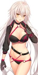 Rule 34 | 1girl, absurdres, ahoge, belt, bikini, black bikini, black gloves, breasts, cleavage, collarbone, cowboy shot, fate/grand order, fate (series), gloves, groin, halterneck, halterneck, hand up, high collar, highres, jeanne d&#039;arc alter (swimsuit berserker) (fate), jeanne d&#039;arc (fate), jeanne d&#039;arc alter (fate), jeanne d&#039;arc alter (swimsuit berserker) (fate), jun (aousa0328), large breasts, long hair, long sleeves, looking at viewer, naughty face, navel, o-ring, o-ring bikini, revision, shrug (clothing), simple background, solo, standing, stomach, swimsuit, thighs, tongue, tongue out, v-shaped eyebrows, very long hair, white background, white hair, yellow eyes