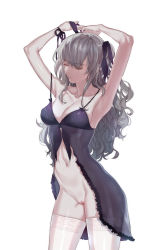 Rule 34 | 1girl, armpits, arms up, babydoll, bare shoulders, black ribbon, bottomless, breasts, cleavage, closed mouth, collarbone, contrapposto, cowboy shot, closed eyes, hair ribbon, highres, holding, long hair, medium breasts, navel, off shoulder, original, pussy, ribbon, see-through, silver hair, simple background, solo, standing, stomach, thighhighs, very long hair, white background, white thighhighs, wrist ribbon, zuizi
