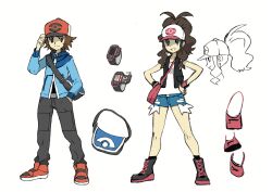 10s 1boy 1girl 2024_pokemon_teraleak absurdres ass aurea_juniper breasts brendan_(pokemon) brown_eyes brown_hair character_sheet cleavage concept_art creatures_(company) denim denim_shorts full_body game_freak hand_in_pocket high_ponytail highres hilda_(pokemon) long_hair multicolored_hair multiple_views nintendo official_art pants poke_ball_print pokemon pokemon_bw production_art scan shaded_face short_hair short_shorts shorts smile sugimori_ken translation_request vest white_background wide_hips