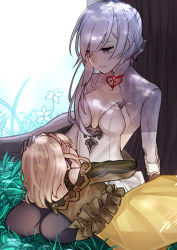 Rule 34 | 2girls, black legwear, blonde hair, braid, breasts, briar rose (sinoalice), cleavage, closed mouth, dress, flower, gloves, grass, grey gloves, hand on another&#039;s head, highres, kneeling, lap pillow, long sleeves, looking at another, lying, multiple girls, on side, outdoors, pantyhose, purple eyes, short hair, sidelocks, sinoalice, sitting, sleeping, sleeping on person, smile, snow white (sinoalice), towada-san (thank39), tree, white hair