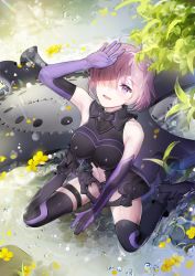 Rule 34 | 1girl, armor, black footwear, black leotard, boots, elbow gloves, fate/grand order, fate (series), flower, from above, gloves, hair over one eye, hand over face, leaf, leotard, light purple hair, mash kyrielight, open mouth, pixiv fate/grand order contest 2, purple eyes, purple gloves, sandeul, shield, short hair, sitting, smile, solo, thigh boots, thighhighs, wariza, water