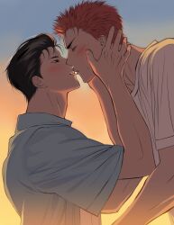 Rule 34 | 2boys, black eyes, black hair, blue shirt, blush, closed eyes, couple, from side, gradient background, half-closed eyes, hands on another&#039;s head, height difference, highres, kiss, llll 100, looking at another, male focus, mito youhei, multiple boys, open mouth, pompadour, profile, red hair, sakuragi hanamichi, shirt, short hair, simple background, slam dunk (series), sweatdrop, underlighting, upper body, white shirt, yaoi