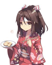 Rule 34 | 10s, 1girl, absurdres, brown eyes, brown hair, chopsticks, headband, highres, japanese clothes, kantai collection, kimono, long hair, normaland, plate, ponytail, smile, solo, zuihou (kancolle)