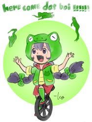 Rule 34 | :d, black eyes, black hair, bow, english text, frog, frog hat, green bow, hair bow, hood, hoodie, jacket, juggling, long hair, looking up, meme, open mouth, short sleeves, signature, simple background, smile, solo, takeuchi kou, text focus, unicycle