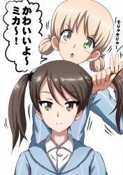 Rule 34 | 2girls, adjusting another&#039;s hair, aki (girls und panzer), alternate hairstyle, bad id, bad twitter id, blue shirt, blush, brown eyes, brown hair, closed mouth, commentary, dress shirt, girls und panzer, green eyes, hair tie, hair up, highres, keizoku school uniform, light brown hair, long hair, long sleeves, looking at viewer, mika (girls und panzer), motion blur, multiple girls, no headwear, omachi (slabco), open mouth, school uniform, shirt, short hair, short twintails, simple background, sitting, smile, standing, striped clothes, striped shirt, translated, twintails, v-shaped eyebrows, vertical-striped clothes, vertical-striped shirt, white background, white shirt, wing collar