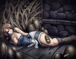 Rule 34 | 1girl, arms behind back, artist request, black skirt, blue eyes, blue tube top, boots, bound, breasts, brown hair, bug, capcom, cleavage, cloth gag, clothes around waist, egg, gag, gagged, highres, improvised gag, jacket, jacket around waist, jill valentine, karosu maker, large breasts, miniskirt, over the mouth gag, resident evil, resident evil 3: nemesis, rope, short hair, skirt, strapless, tied up, tube top, white jacket