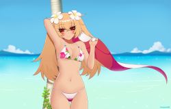 Rule 34 | 1girl, arm behind head, artist name, bikini, blonde hair, blue sky, blush, breasts, character request, cloud, commentary request, copyright request, day, eyes visible through hair, flower, hair between eyes, hair flower, hair ornament, kuroonehalf, long hair, looking at viewer, medium breasts, navel, outdoors, palm tree, print bikini, red eyes, sky, smile, solo, swimsuit, tree