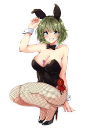 Rule 34 | 1girl, animal ears, arm up, award ribbon, bare shoulders, between breasts, black leotard, blue eyes, blush, bow, bowtie, breasts, cleavage, detached collar, fake animal ears, fishnet pantyhose, fishnets, green hair, grin, high heels, highres, large breasts, leotard, lighter, looking at viewer, nail polish, original, pantyhose, playboy bunny, rabbit ears, short hair, smile, solo, squatting, white background, wrist cuffs, yoshii yumi